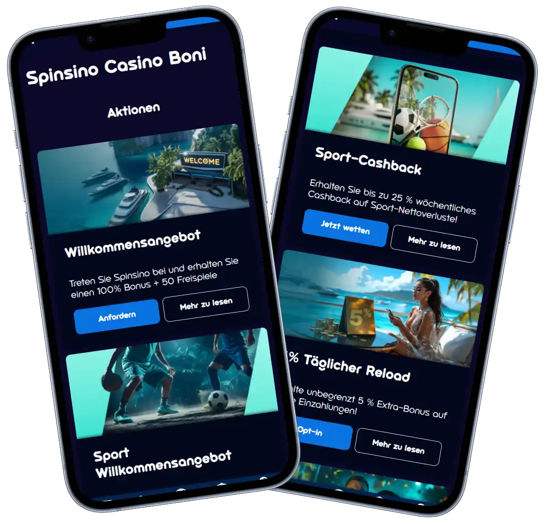 Spinsino Casino Bonus Aktionen auf dem Smartphone mit Willkommensangebot, Cashback und Reload Bonus