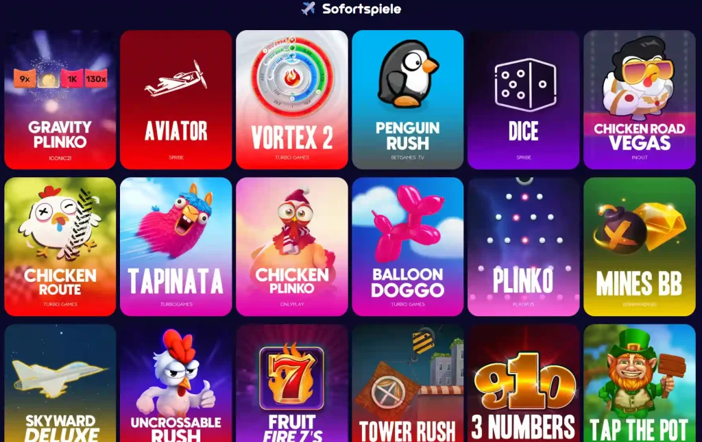 Spinsino Casino Instant Games Lobby mit Aviator, Plinko, Mines und weiteren schnellen Spielen