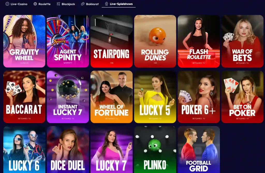 Spinsino Casino Live Spielshows Lobby mit Roulette, Baccarat, Poker und weiteren Live Games