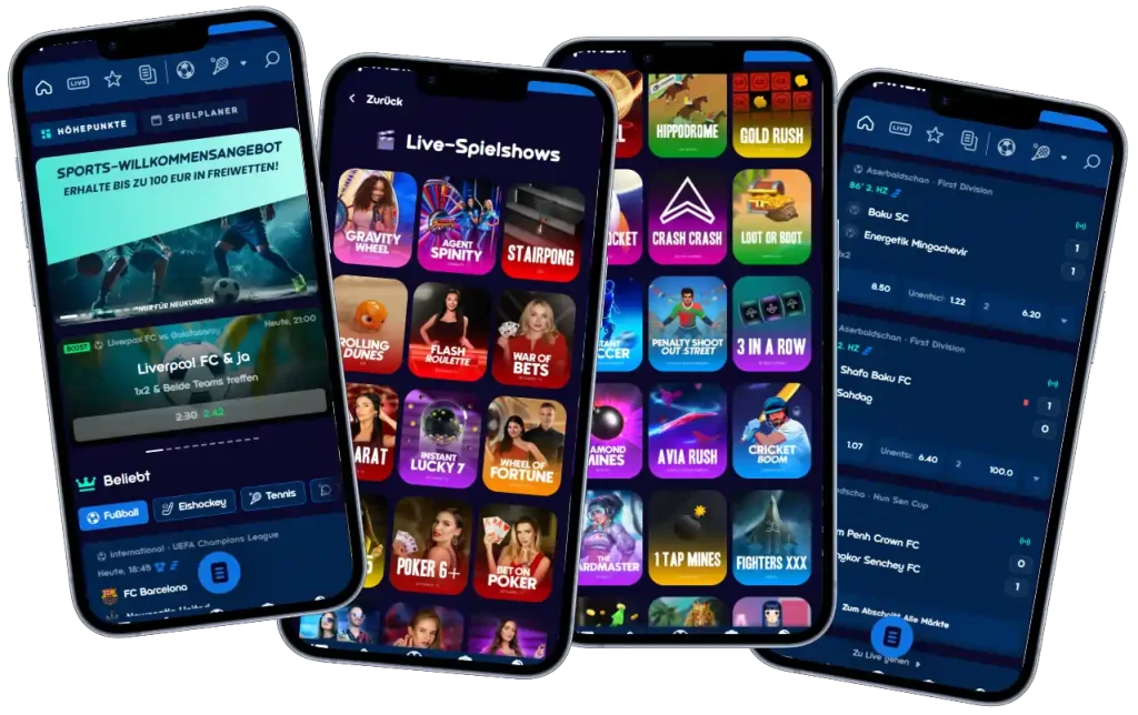 Spinsino Casino mobile Ansicht mit Sportwetten, Live Spielshows und Spiele Lobby auf mehreren Smartphones
