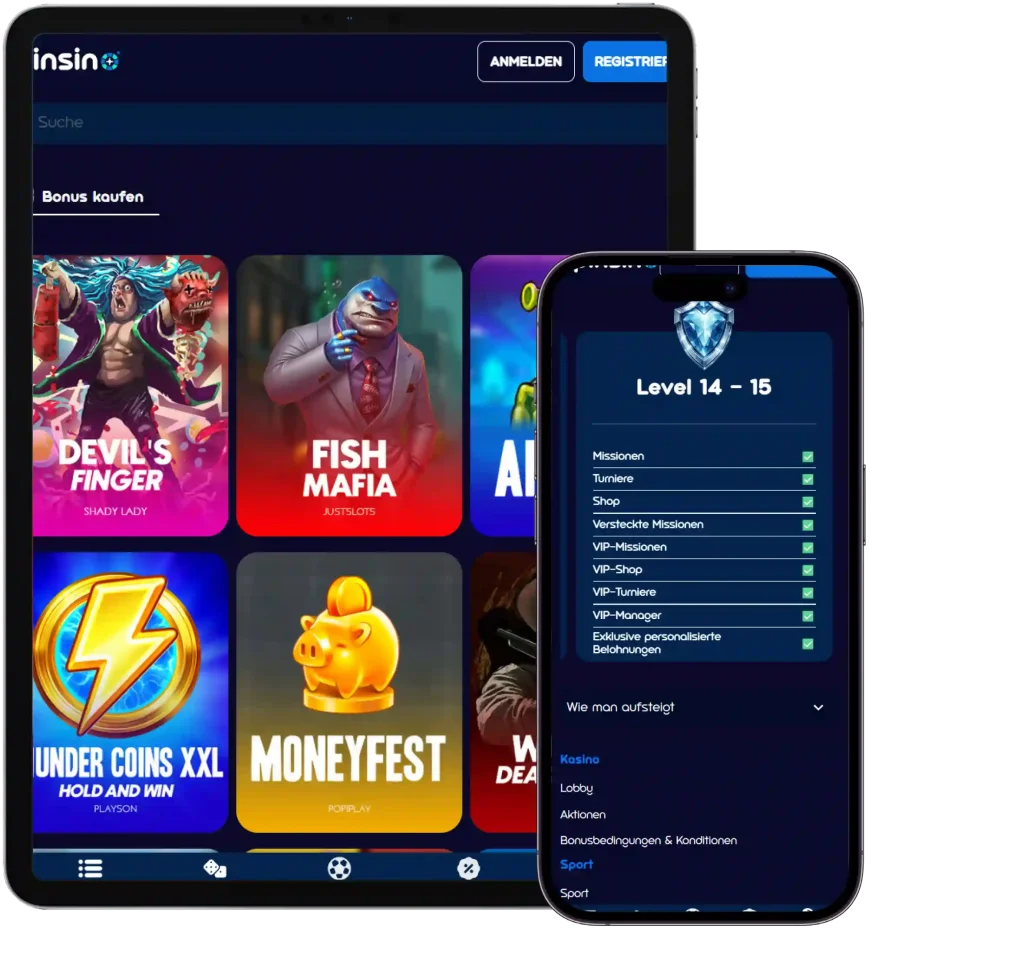 Spinsino Casino mobile Version auf Smartphone und Tablet mit VIP Level System und Slots