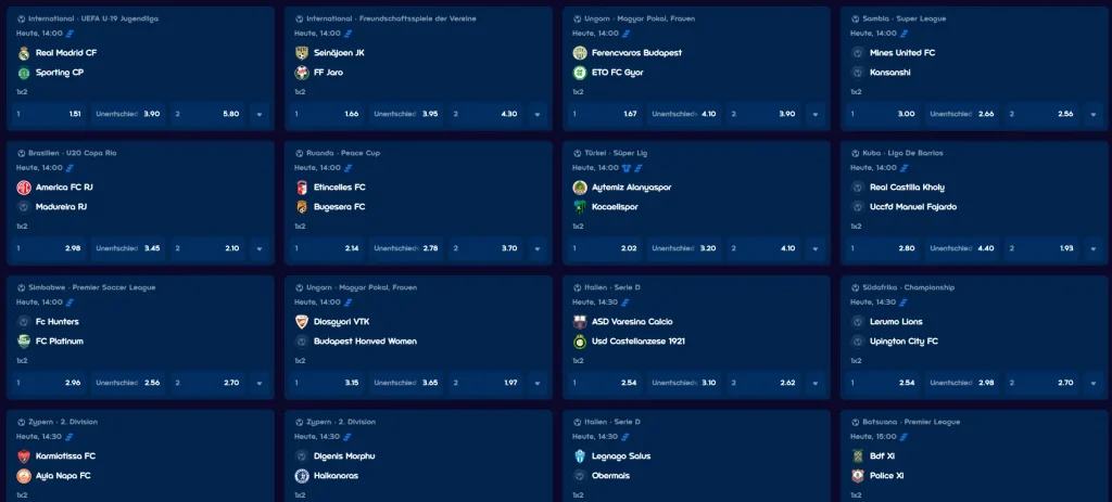 Spinsino Casino Sportwetten Übersicht mit Fußball Spielen und Live Quoten