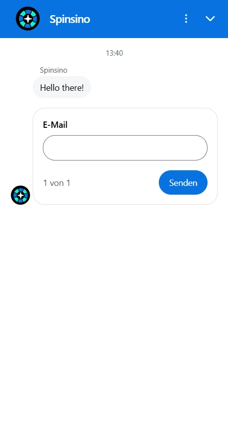 Spinsino Casino Support Live Chat mit E-Mail Eingabefeld und Senden Button